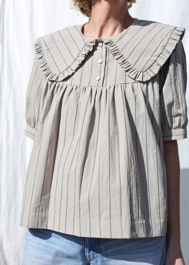 Puritan Collar Short Sleeve Blouse OLIVIA in Striped Organic Cotton
