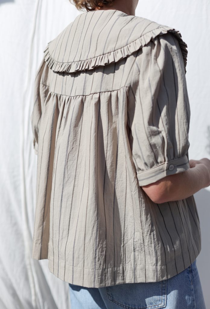 Puritan Collar Short Sleeve Blouse OLIVIA in Striped Organic Cotton