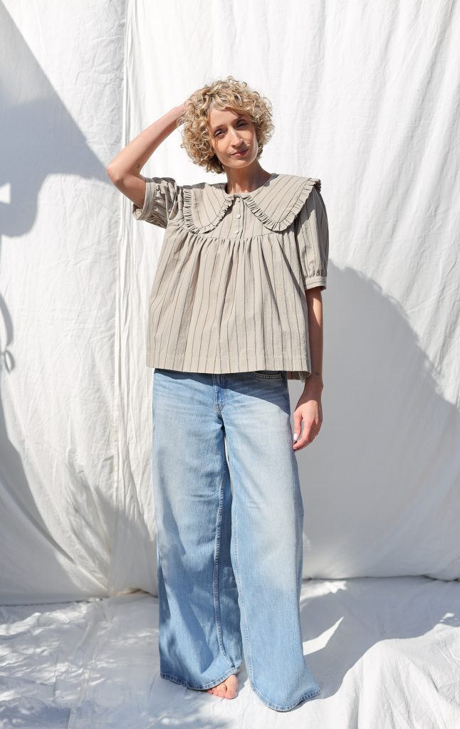 Puritan Collar Short Sleeve Blouse OLIVIA in Striped Organic Cotton