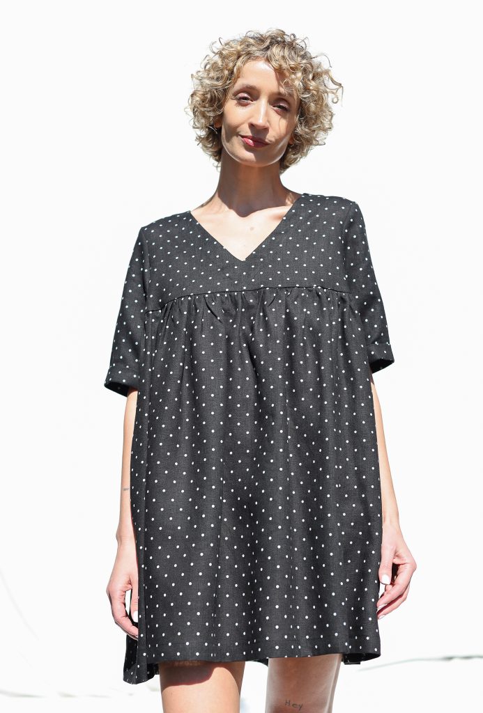 Dots linen ruffled skirt smock Mini dress CECILE