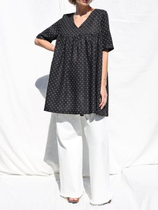 Dots linen ruffled skirt smock Mini dress CECILE | Dress | Sustainable clothing | OffOn clothing