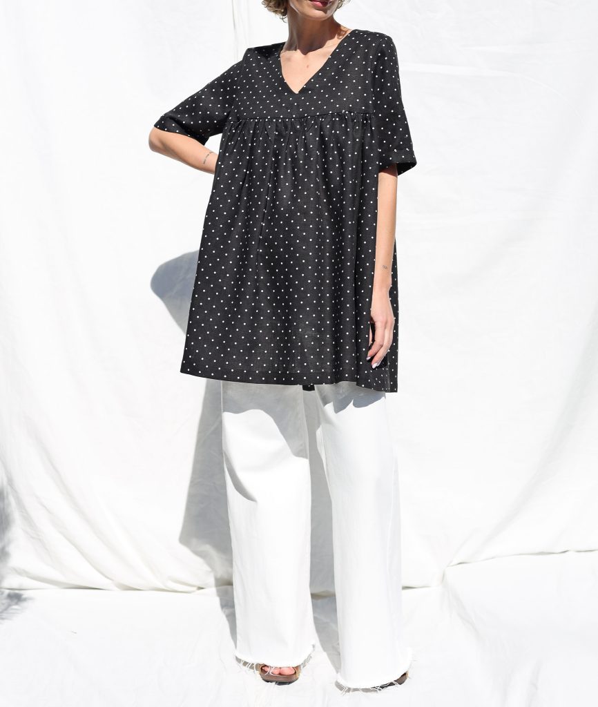 Dots linen ruffled skirt smock Mini dress CECILE | Dress | Sustainable clothing | OffOn clothing