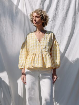 Seersucker checks V-neck puffy sleeve blouse CLARA | Top | Sustainable clothing | OffOn clothing