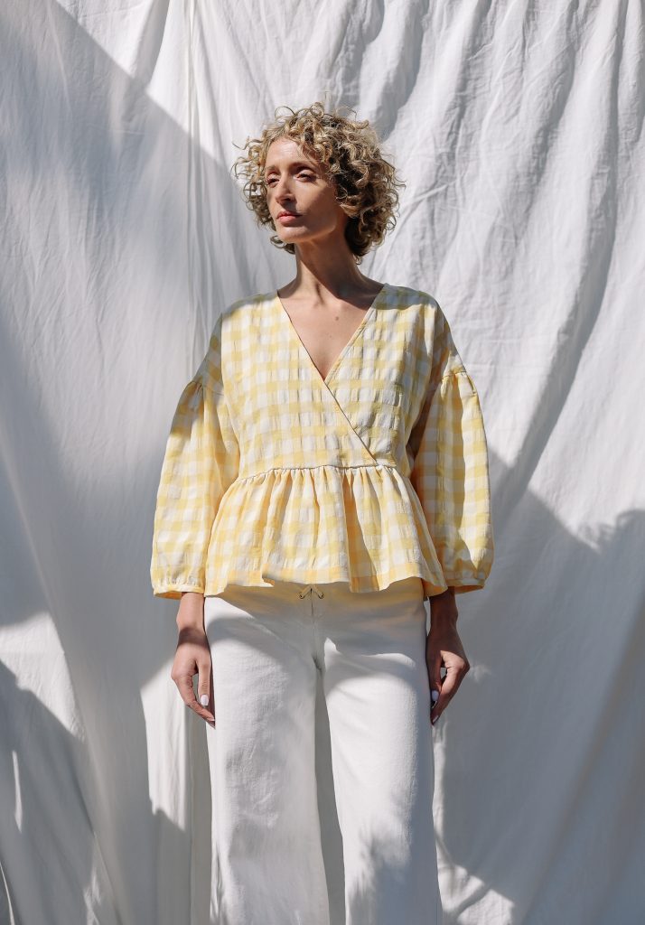 Seersucker checks V-neck puffy sleeve blouse CLARA | Top | Sustainable clothing | OffOn clothing