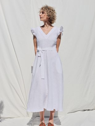 V-Neck Linen Dress with Waist Tie | Dress | Sustainable clothing | OffOn clothing