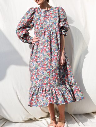 High waisted long ruffle sleeve floral dress THORPE BLUE | Dress | Sustainable clothing | OffOn clothing