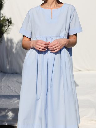 Light Blue Organic Cotton Dress With Short Folded Sleeves | Dress | Sustainable clothing | OffOn clothing