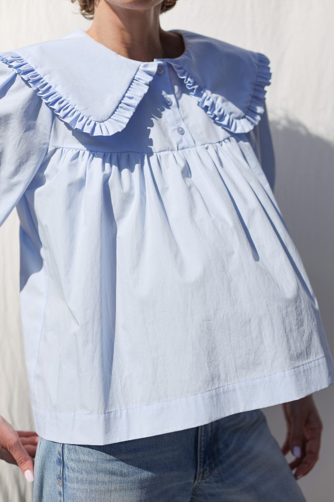 Puritan Collar Blouse OLIVIA in Blue Organic Cotton