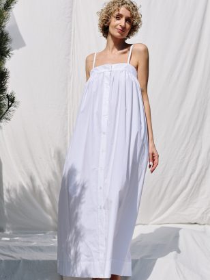 Sleeveless Flowing Maxi Button Front Dress EMILY in White Organic Cotton | Dress | Sustainable clothing | OffOn clothing