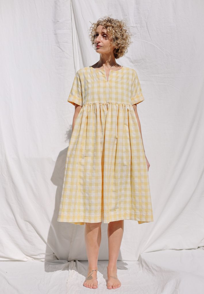 Yellow Seersucker Checks Midi Dress