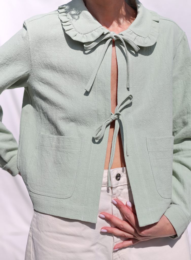 Mint Linen Jacket with Peter Pan Ruffle Collar and Ties