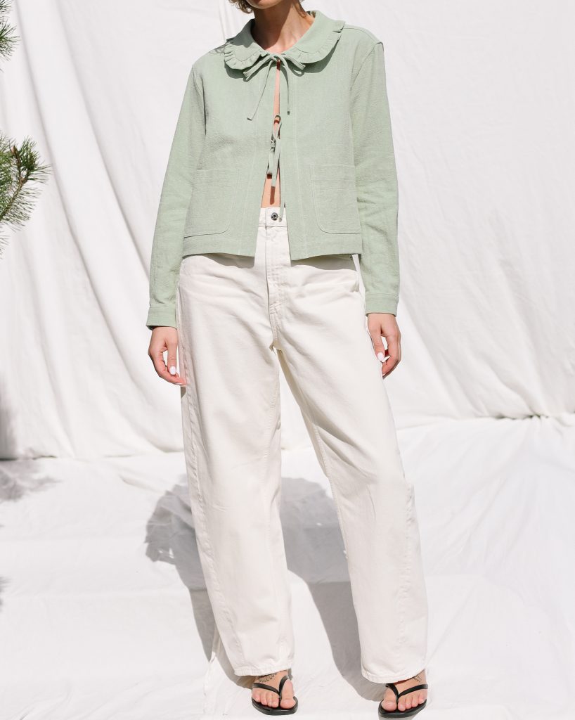 Mint Linen Jacket with Peter Pan Ruffle Collar and Ties