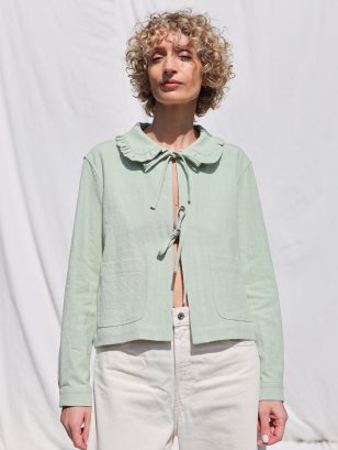 Mint Linen Jacket with Peter Pan Ruffle Collar and Ties | Blouse | Sustainable clothing | OffOn clothing