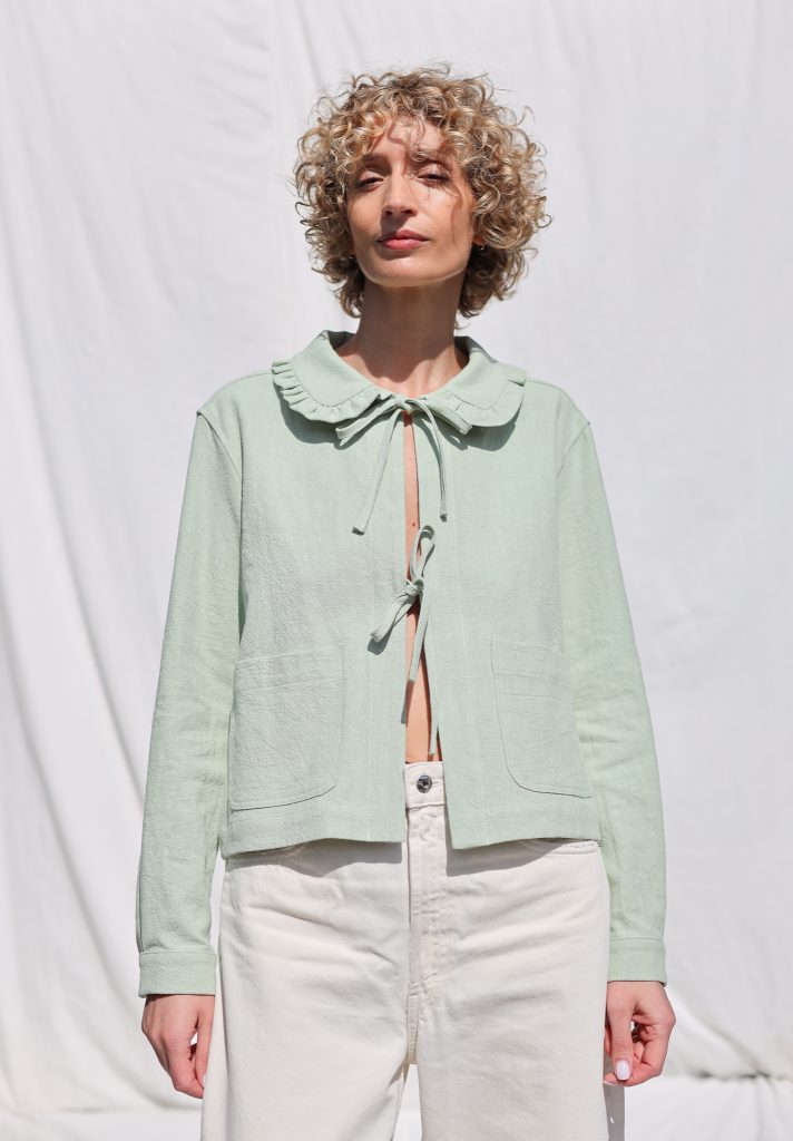 Mint Linen Jacket with Peter Pan Ruffle Collar and Ties | Blouse | Sustainable clothing | OffOn clothing