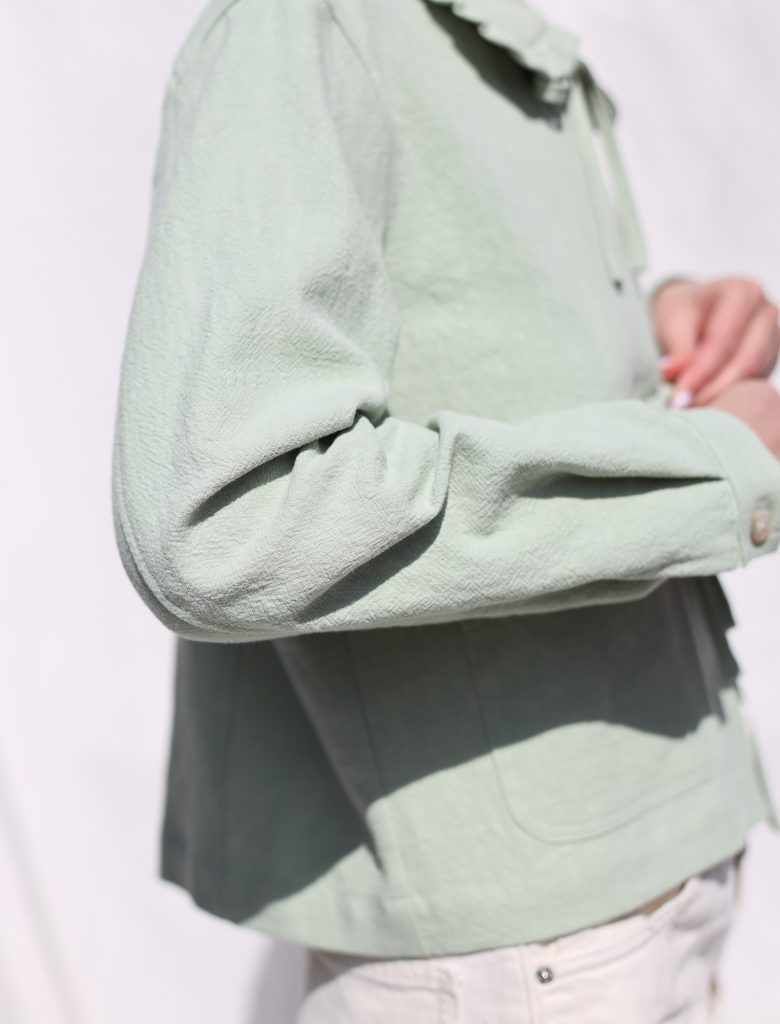 Mint Linen Jacket with Peter Pan Ruffle Collar and Ties - Image 4