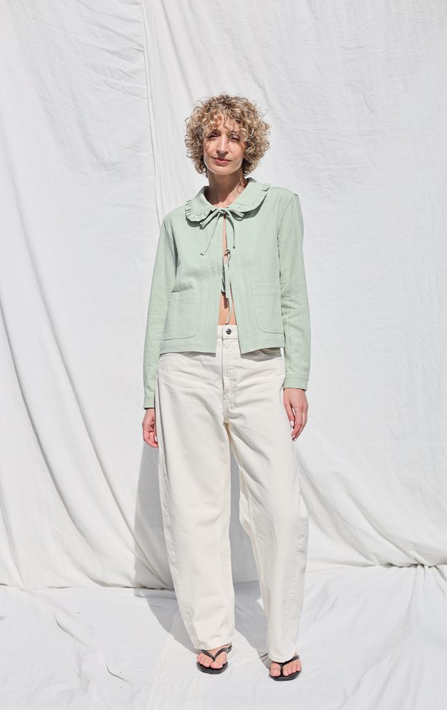Mint Linen Jacket with Peter Pan Ruffle Collar and Ties