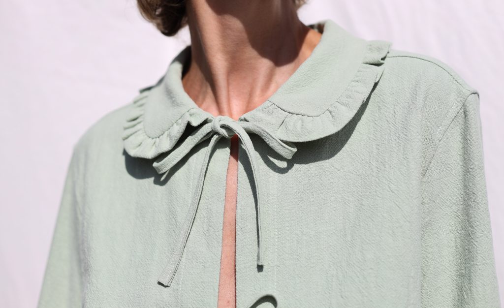 Mint Linen Jacket with Peter Pan Ruffle Collar and Ties