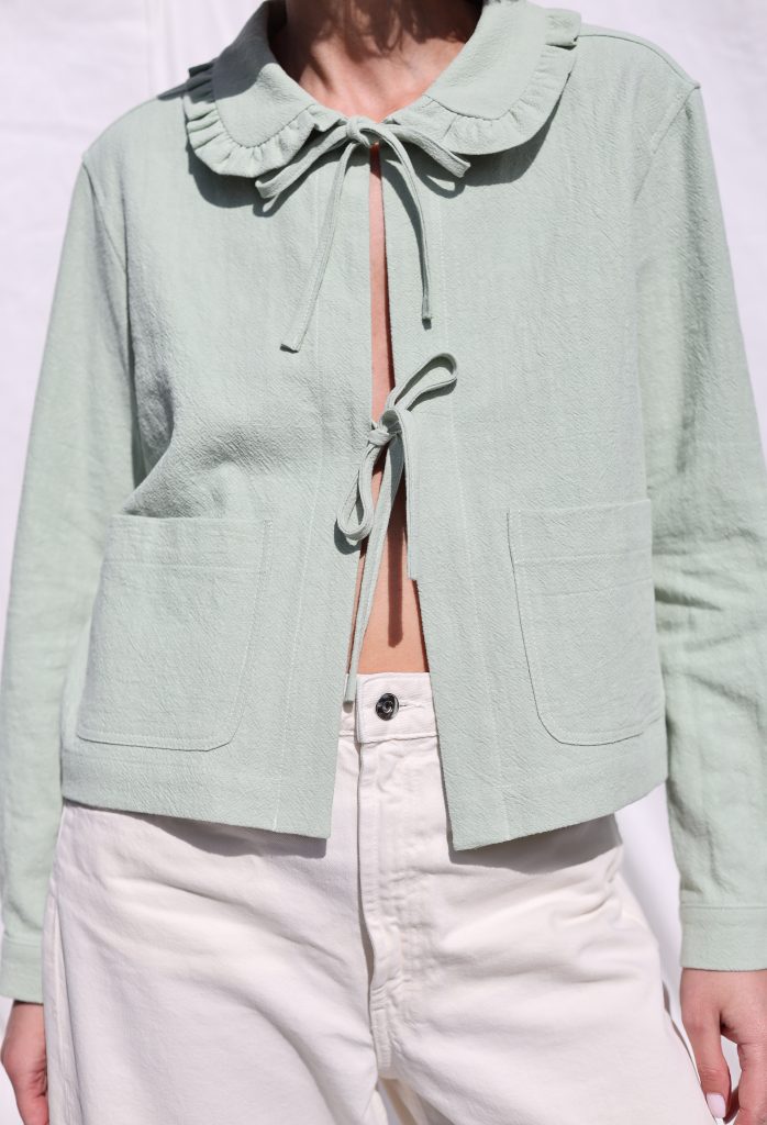 Mint Linen Jacket with Peter Pan Ruffle Collar and Ties