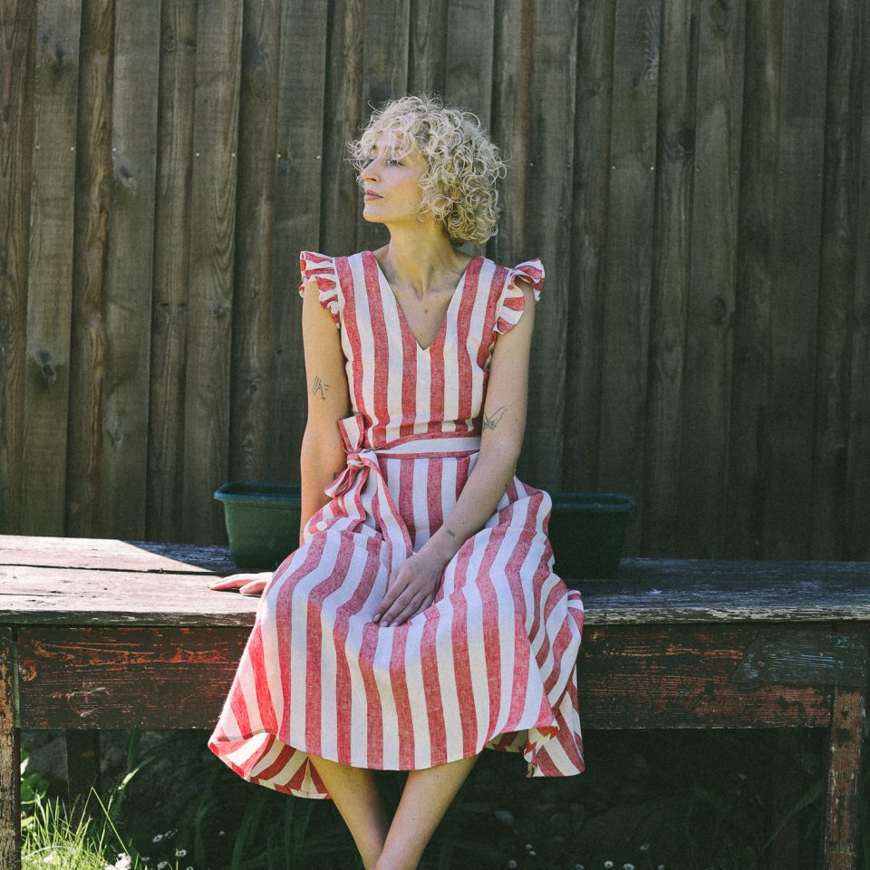 Ruffled Sleeve Dress Striped Linen Dress with Waist Tie