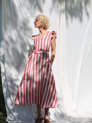 Ruffled Sleeve Dress Striped Linen Dress with Waist Tie | Dress | Sustainable clothing | OffOn clothing