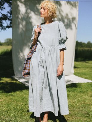 Puffy sleeves seersucker stripes dress NINA | Dress | Sustainable clothing | OffOn clothing