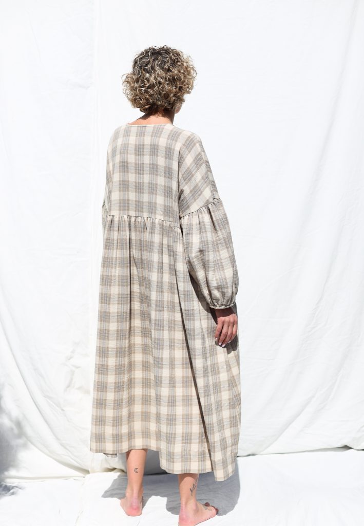 Oversized Plaid Double Gauze Dress GRETA with Voluminous Sleeves