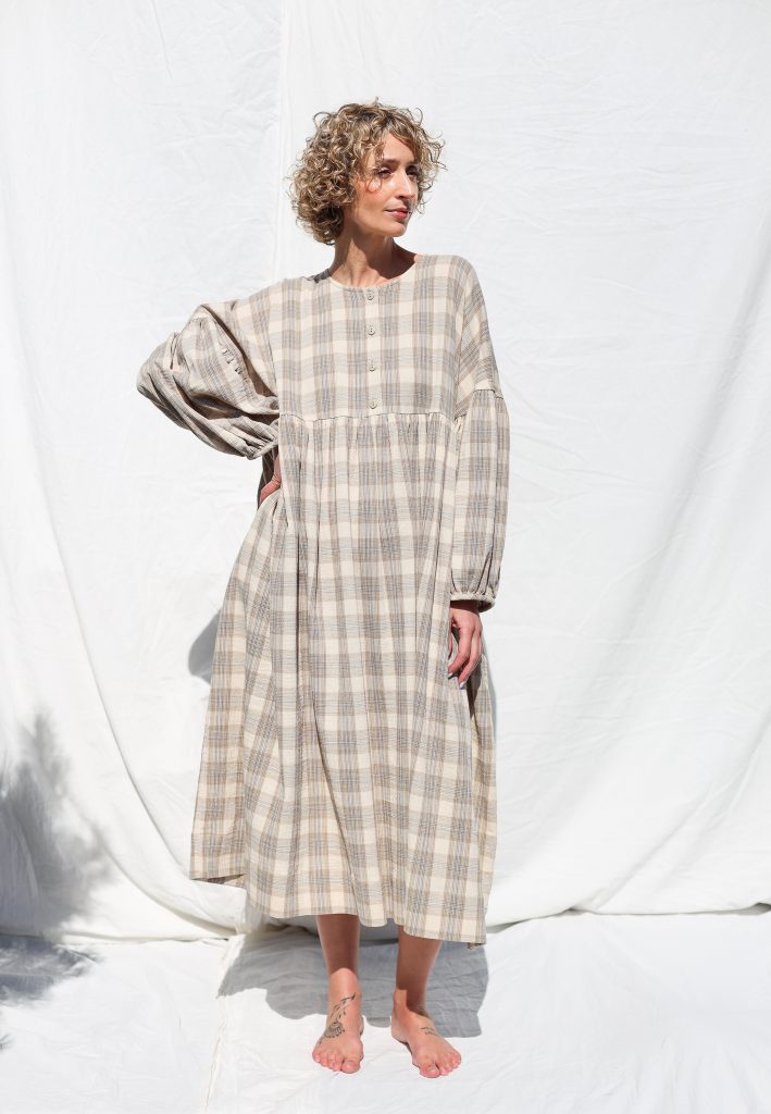 Oversized Plaid Double Gauze Dress GRETA with Voluminous Sleeves | Dress | Sustainable clothing | OffOn clothing