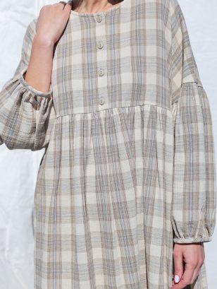 Oversized Plaid Double Gauze Dress GRETA with Voluminous Sleeves | Dress | Sustainable clothing | OffOn clothing