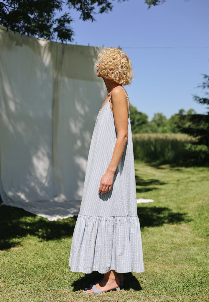 Sleeveless Seersucker Checks Maxi Dress with Ruffled Hem | Dress | Sustainable clothing | OffOn clothing
