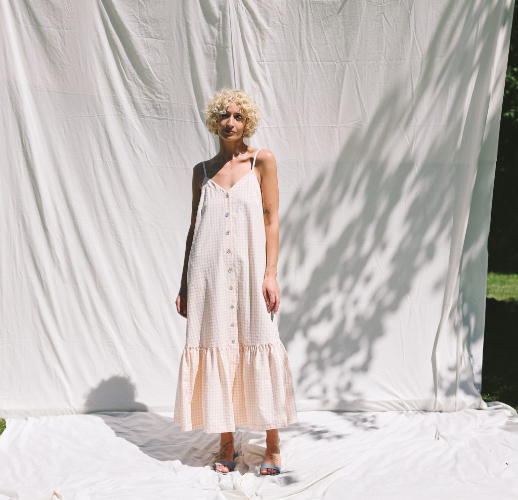 Sleeveless Ruffled Hem Maxi Dress in Seersucker Checks | Dress | Sustainable clothing | OffOn clothing