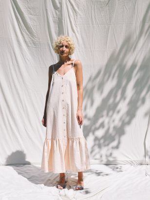 Sleeveless Ruffled Hem Maxi Dress in Seersucker Checks | Dress | Sustainable clothing | OffOn clothing