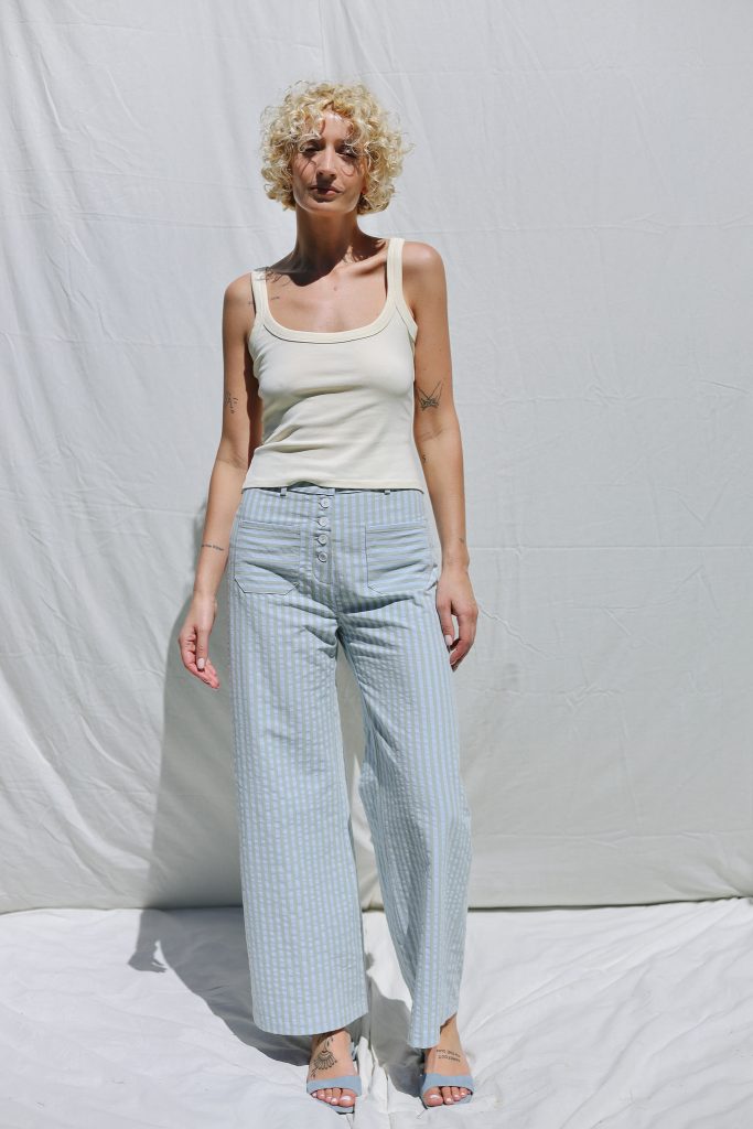 Seersucker Striped Straight Leg Pants | Pants | Sustainable clothing | OffOn clothing