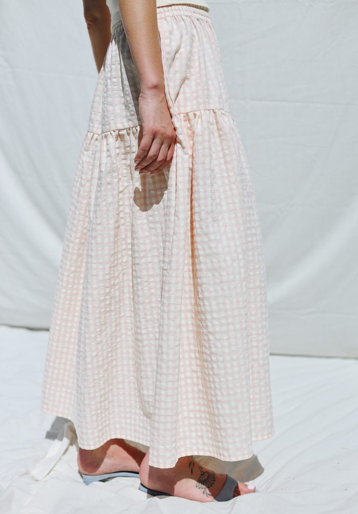 Elasticated Waist Seersucker Gingham Maxi Skirt