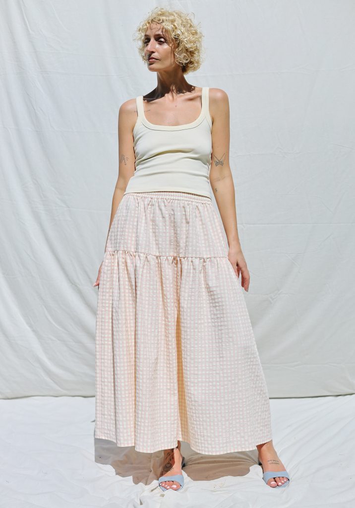 Elasticated Waist Seersucker Gingham Maxi Skirt