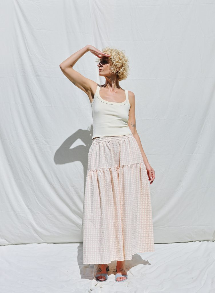 Elasticated Waist Seersucker Gingham Maxi Skirt