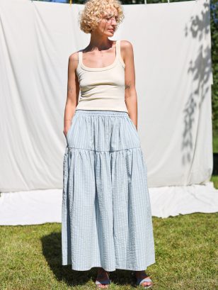 Ruffled Skirt with Elasticated Waist in Seersucker Stripes | Dress | Sustainable clothing | OffOn clothing