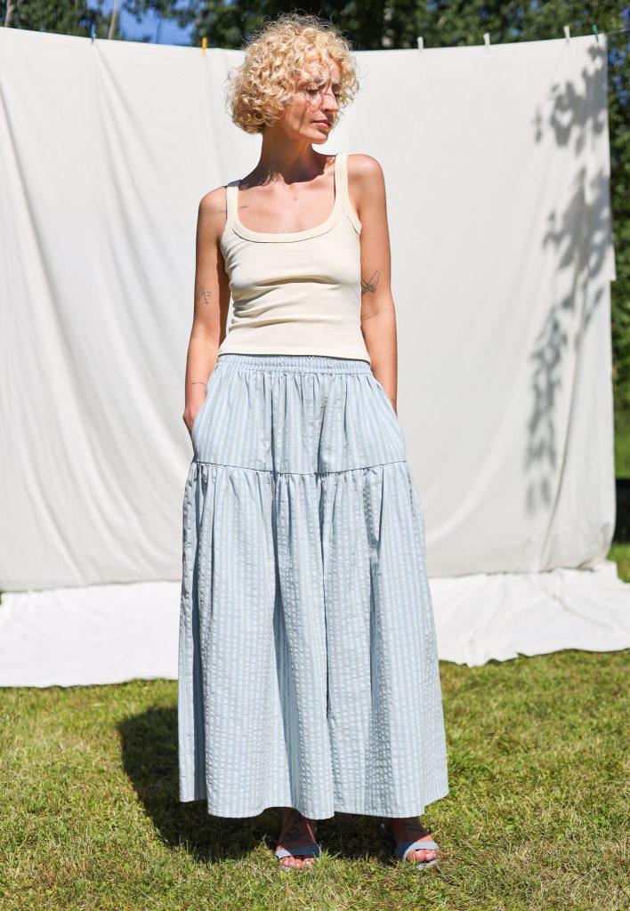 Ruffled Skirt with Elasticated Waist in Seersucker Stripes | Dress | Sustainable clothing | OffOn clothing