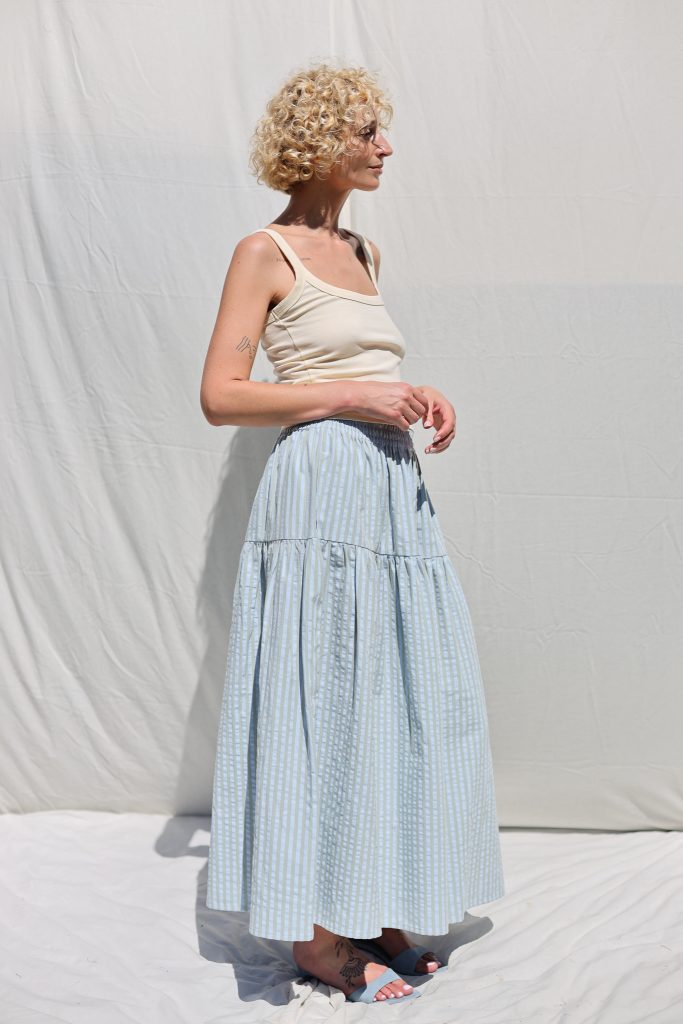 Ruffled Skirt with Elasticated Waist in Seersucker Stripes