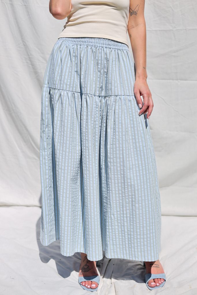 Ruffled Skirt with Elasticated Waist in Seersucker Stripes