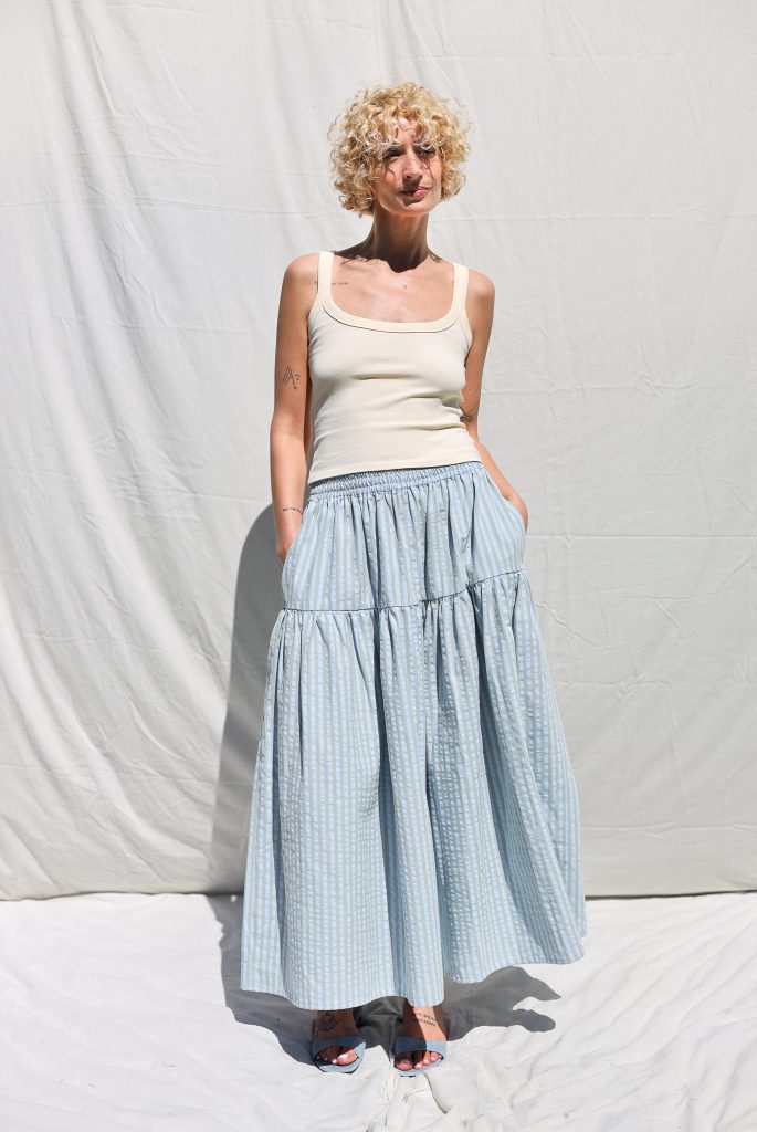 Ruffled Skirt with Elasticated Waist in Seersucker Stripes